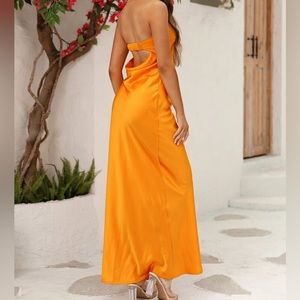 Orange satin maxi tube dress